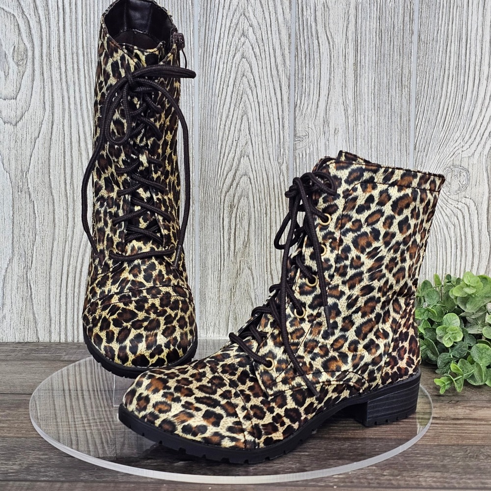 Kali Women's 10 Leopard Print Combat Boots Lace Up Chunky Sole Festival Punk